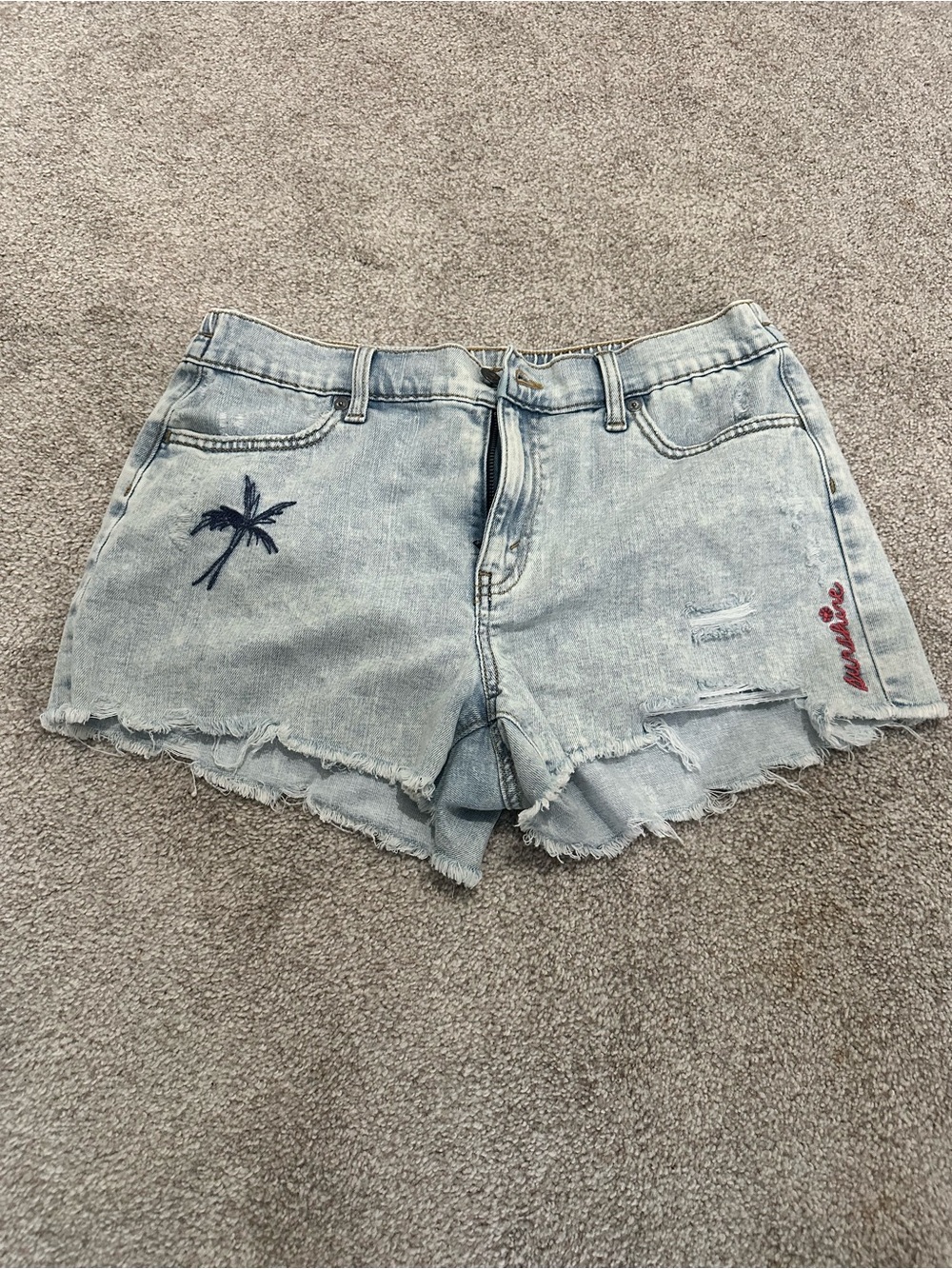 aerie Light Wash Denim Shorts with Navy Palm and Red Script